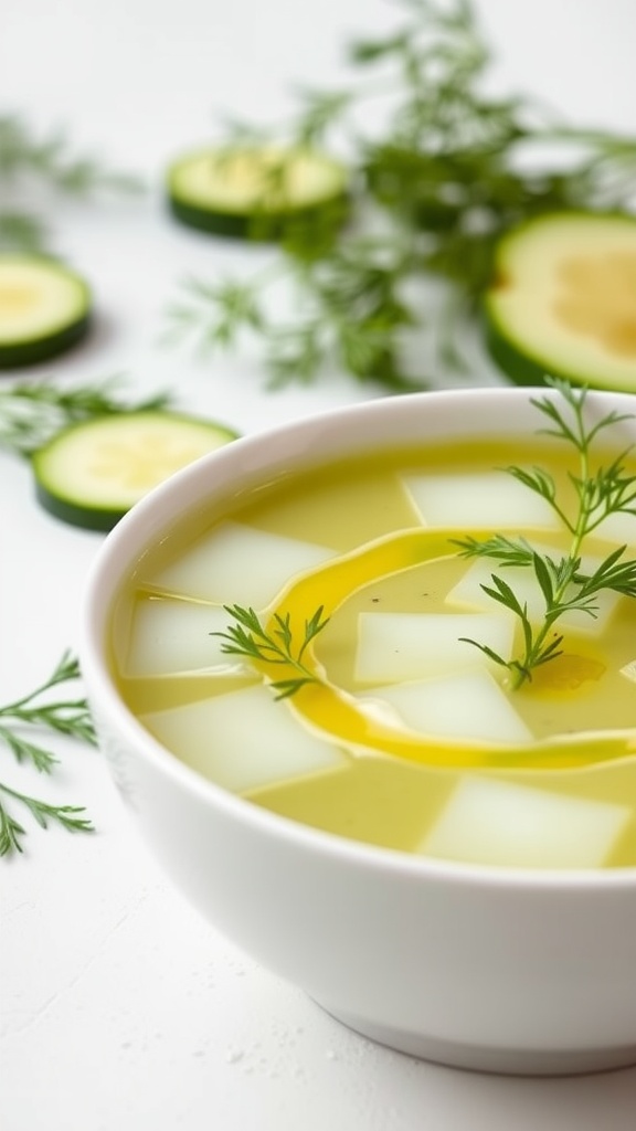 Refreshing Chilled Cucumber Soup Recipe Chilled cucumber soup in a white bowl with herbs and olive oil, garnished with cucumber slices.